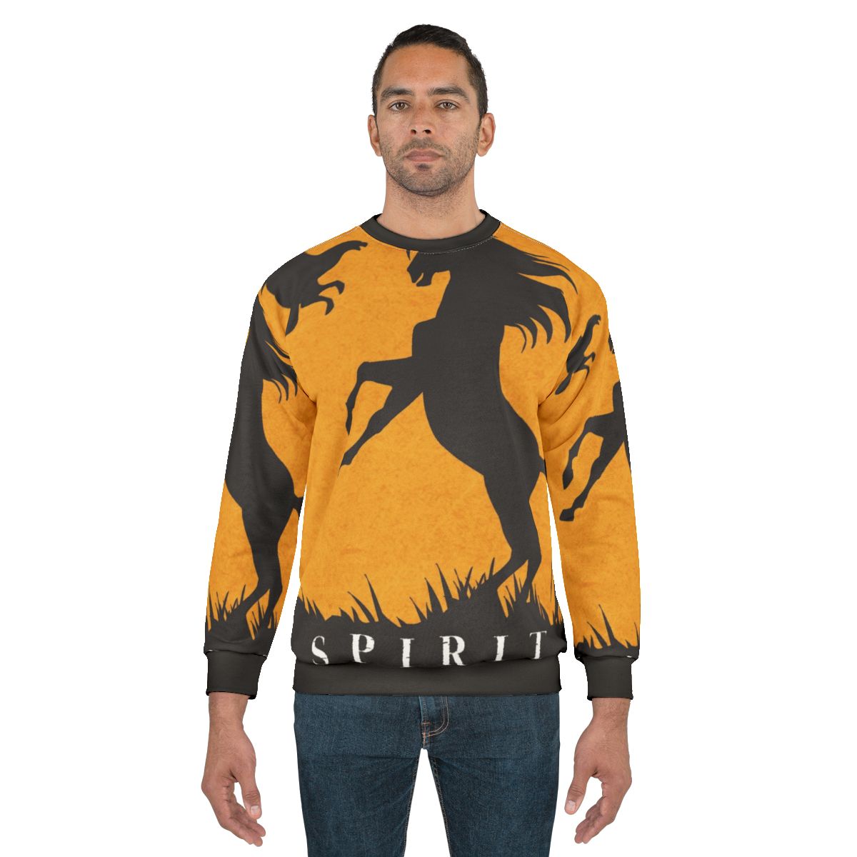 Minimalist sweatshirt design featuring the silhouette of the Spirit Stallion of the Cimarron