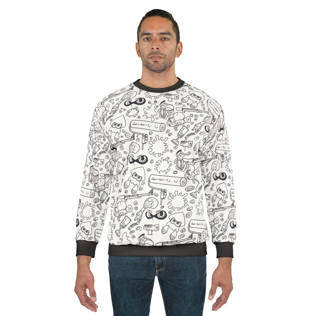 Splatoon-themed sweatshirt with characters and ink splatter design