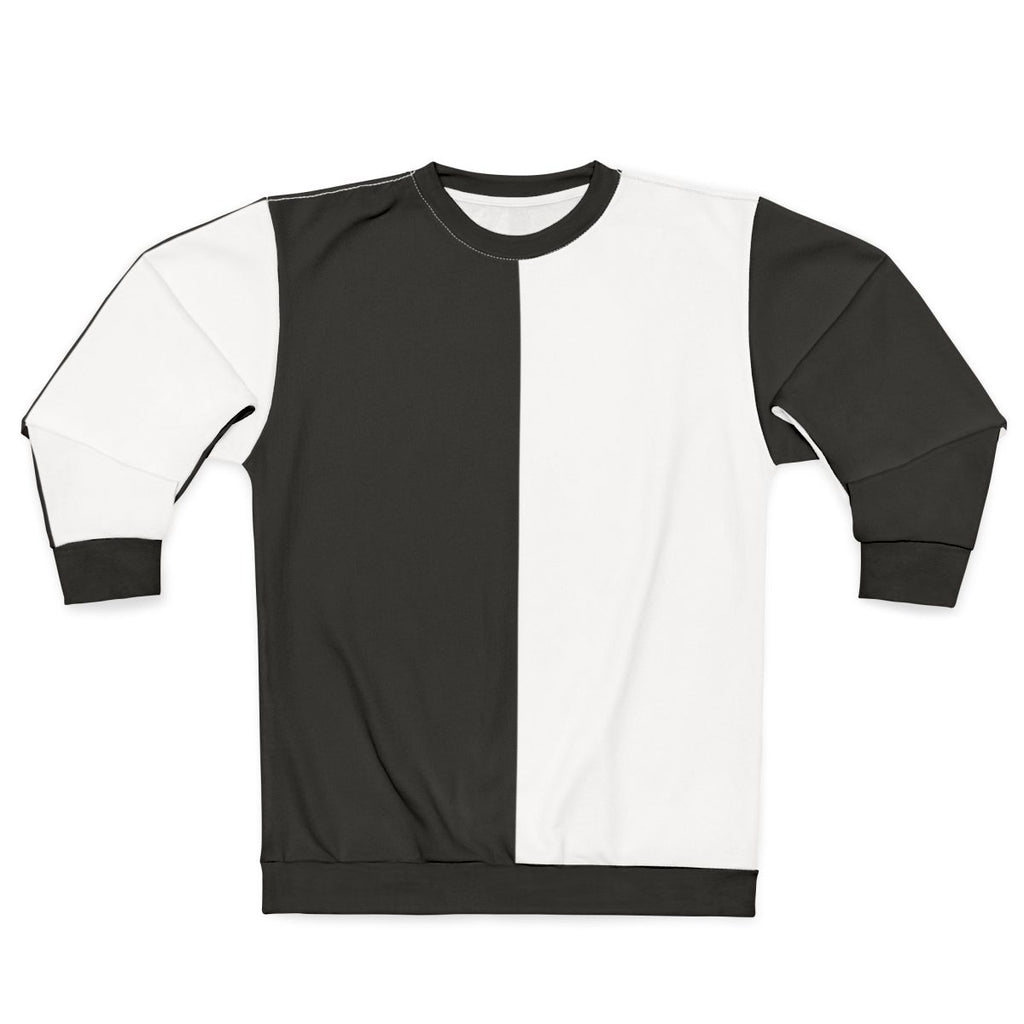 Split black and white sweatshirt featuring a unique half-and-half design