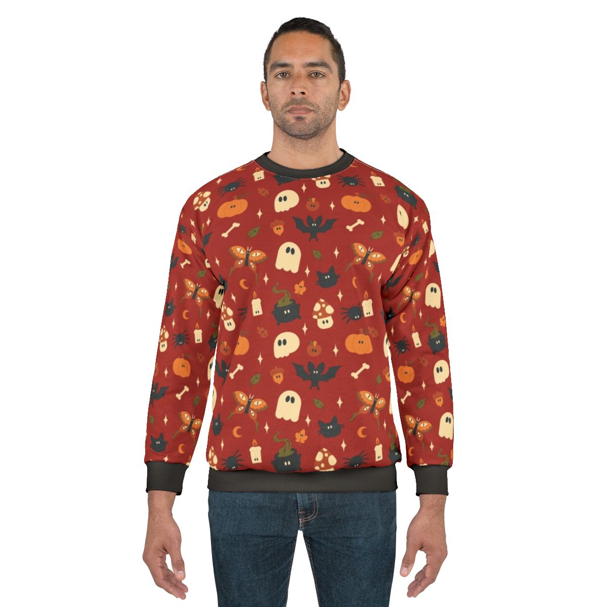 Spooky fall pattern sweatshirt with Halloween and autumn elements