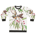 Spotted pardalotes on pink flowering gum watercolor art sweatshirt