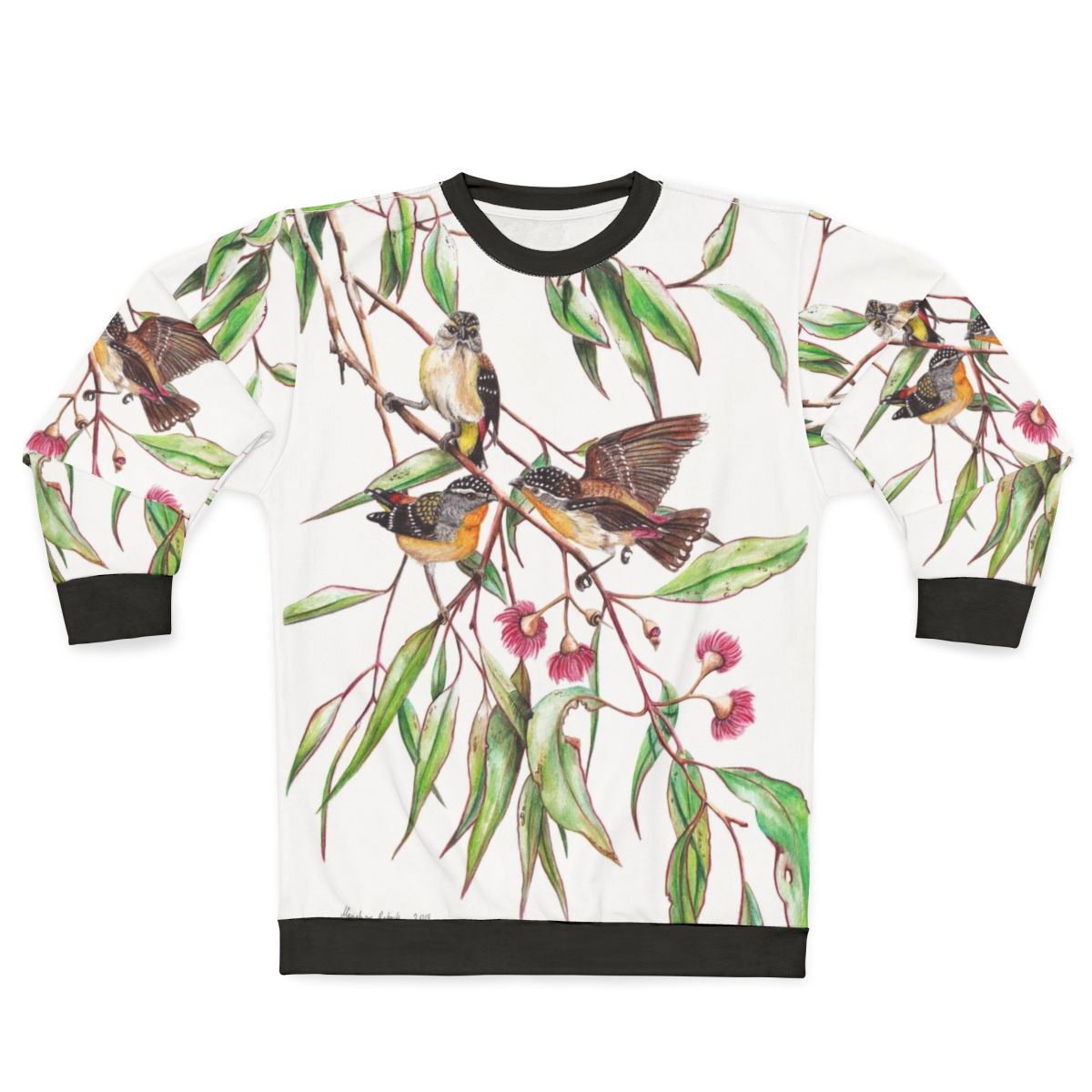 Spotted pardalotes on pink flowering gum watercolor art sweatshirt