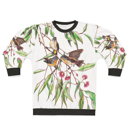 Spotted pardalotes on pink flowering gum watercolor art sweatshirt