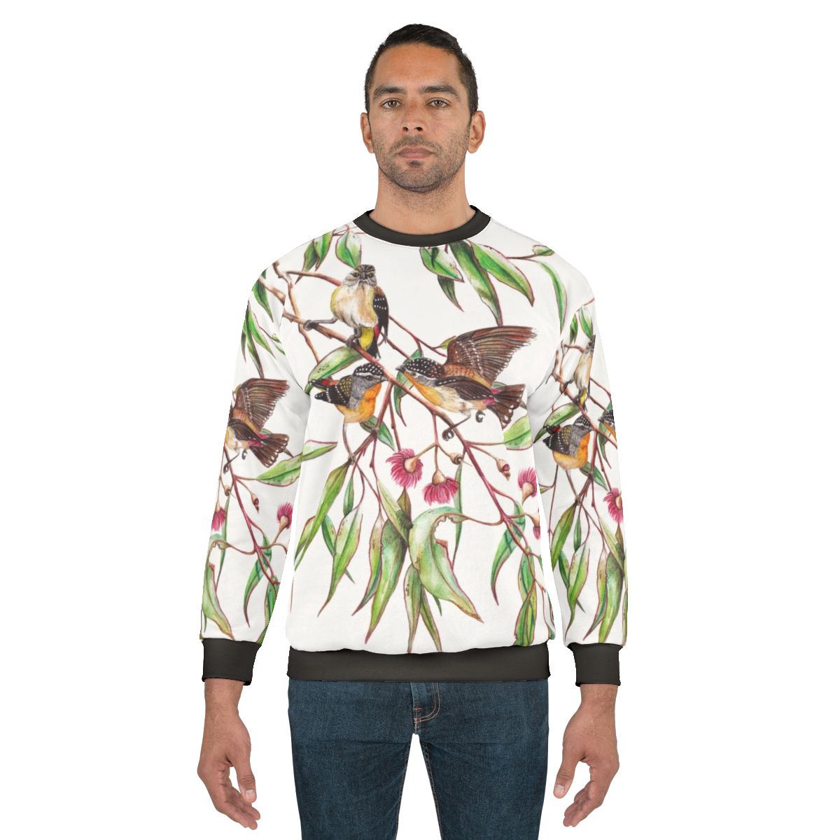 Spotted pardalotes on pink flowering gum watercolor art sweatshirt