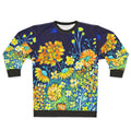 Vibrant spring night floral sweatshirt with indigo blue and yellow daisies