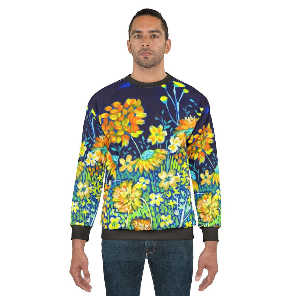 Vibrant spring night floral sweatshirt with indigo blue and yellow daisies