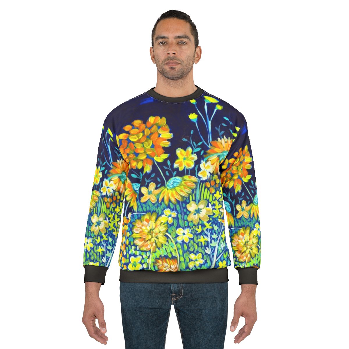 Vibrant spring night floral sweatshirt with indigo blue and yellow daisies