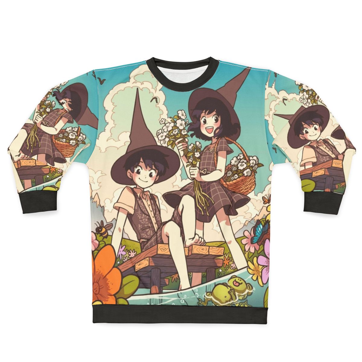 Colorful spring-themed sweatshirt featuring the Wytte twins from the popular webcomic