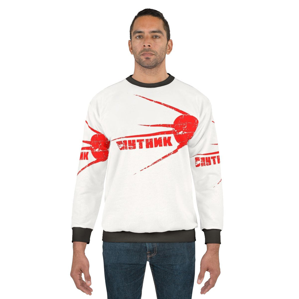 Vintage Sputnik Sweatshirt featuring retro Soviet space exploration graphics