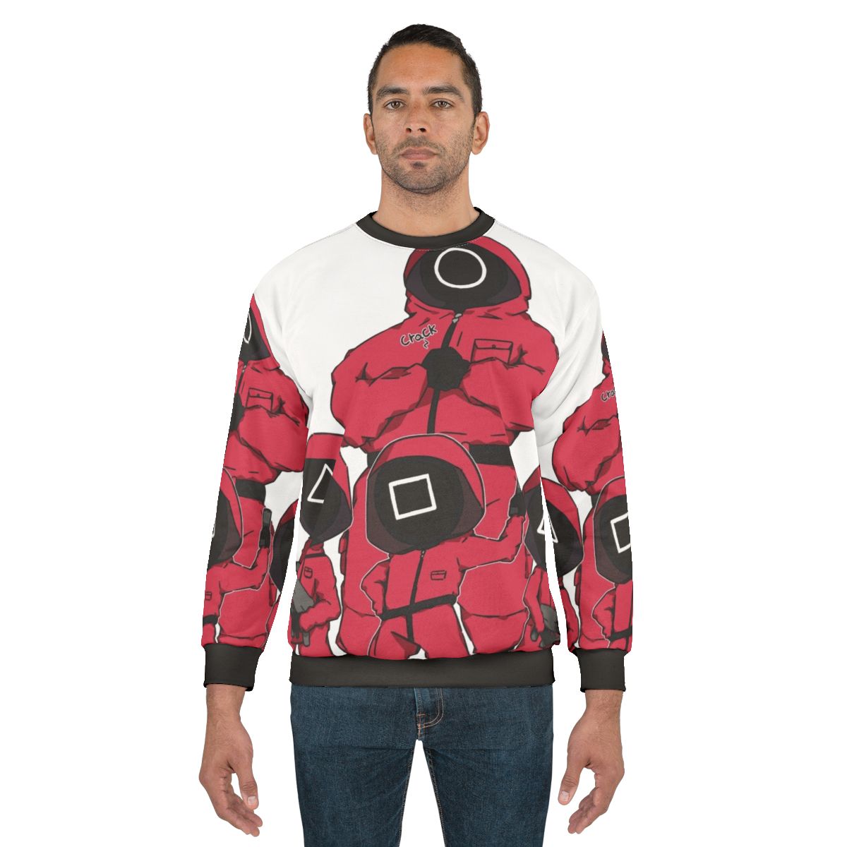 Squid Game Soldiers Sweatshirt featuring iconic characters from the Netflix Korean drama series