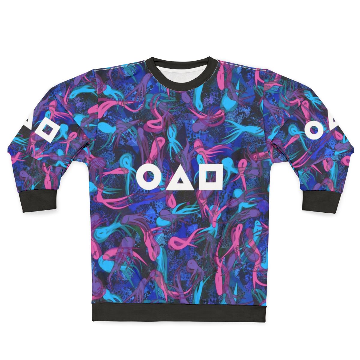 Squid Game Survival Pattern Sweatshirt with characters and symbols from the Netflix series