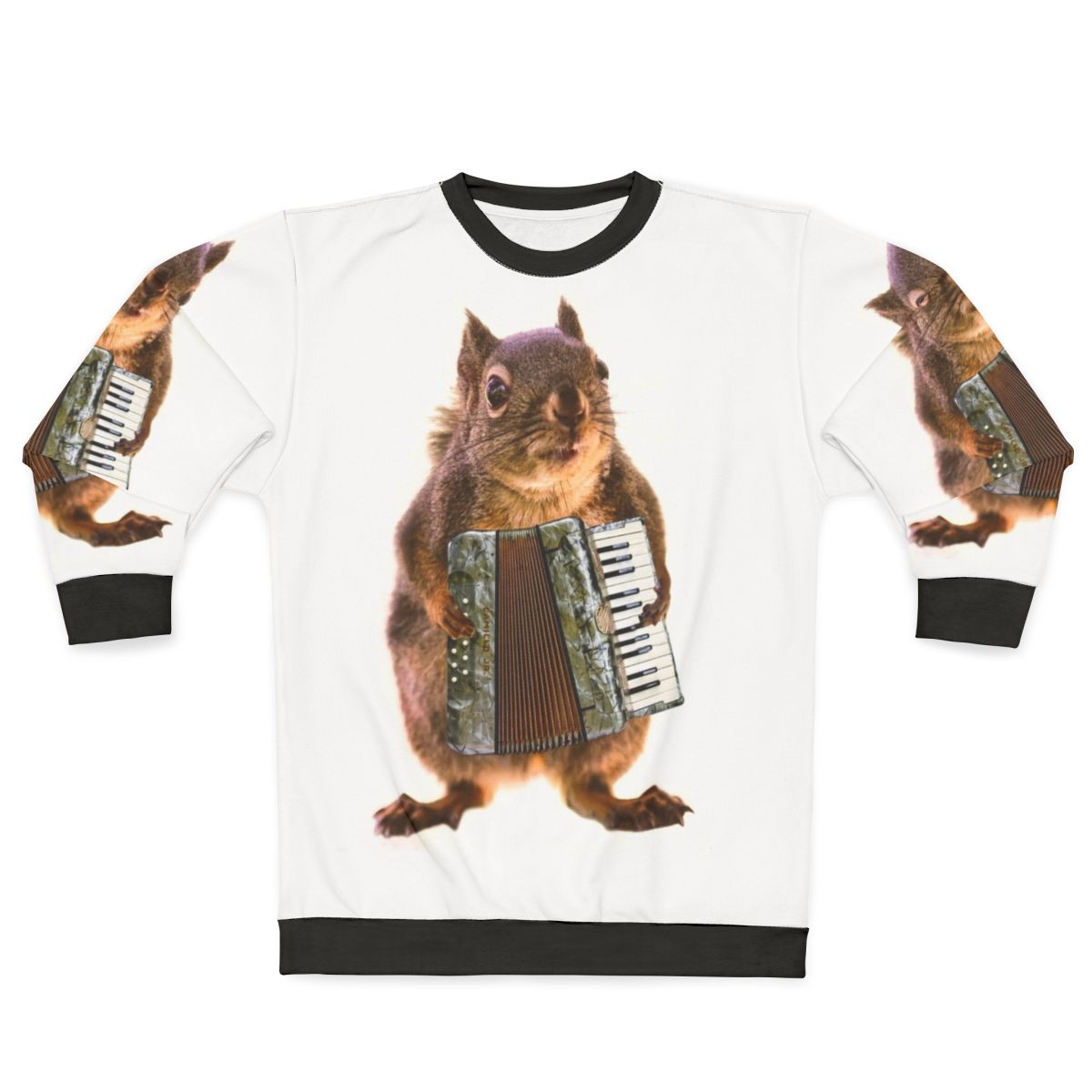 Squirrel playing an accordion on a sweatshirt
