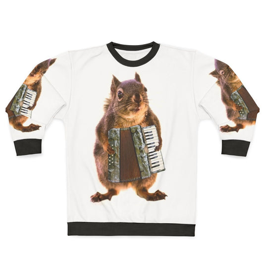 Squirrel playing an accordion on a sweatshirt
