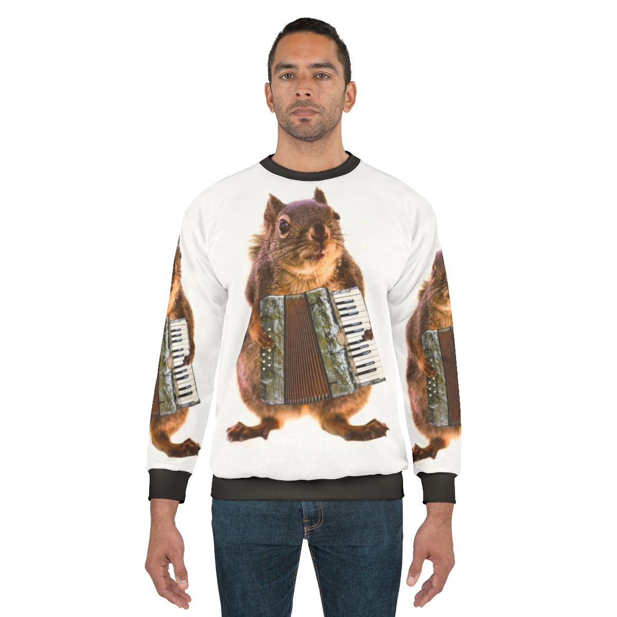 Squirrel playing an accordion on a sweatshirt