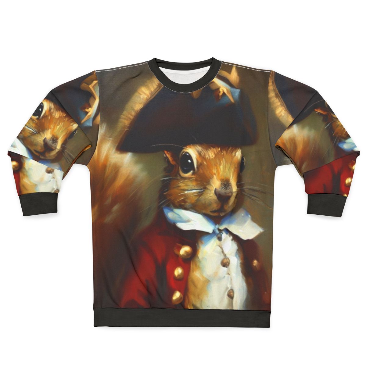 Squirrel wearing a red English soldier's uniform on a soft, comfortable sweatshirt