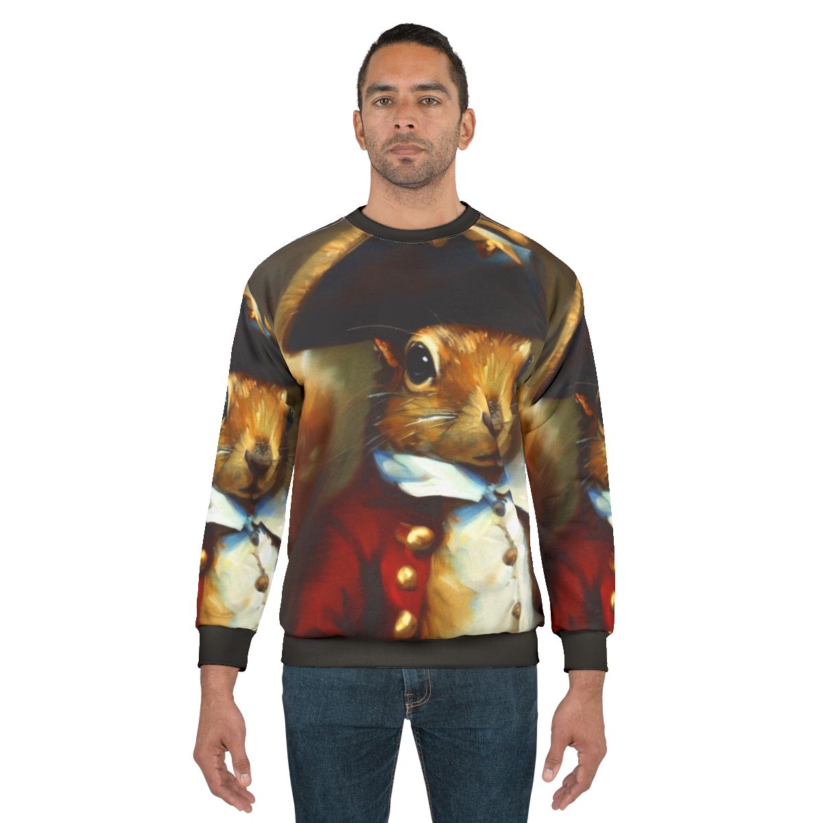 Squirrel wearing a red English soldier's uniform on a soft, comfortable sweatshirt