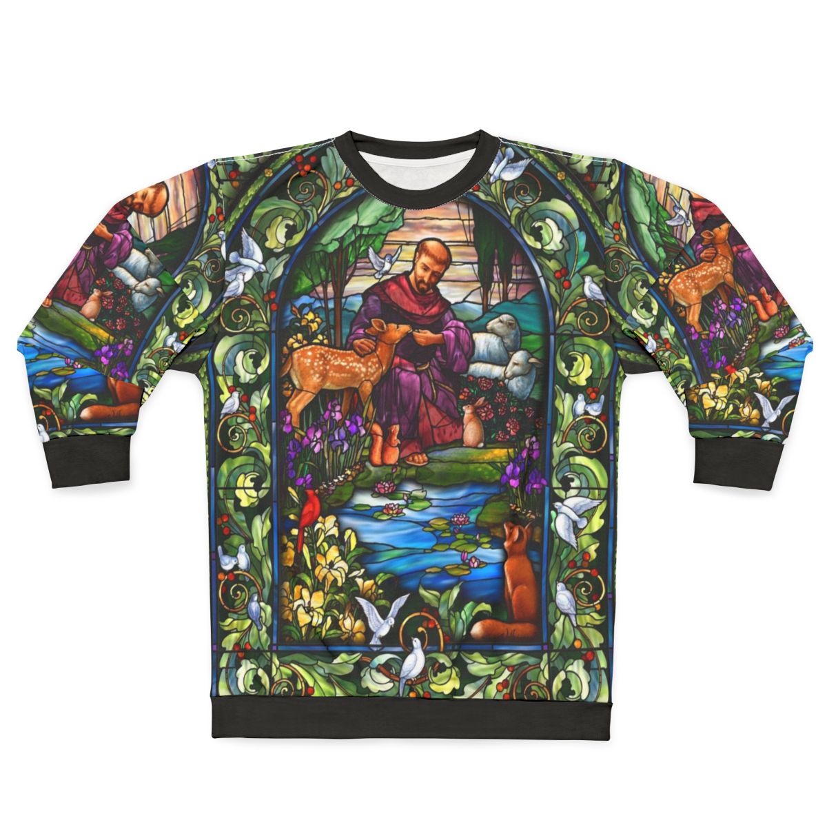 St Francis stained glass design on a green sweatshirt