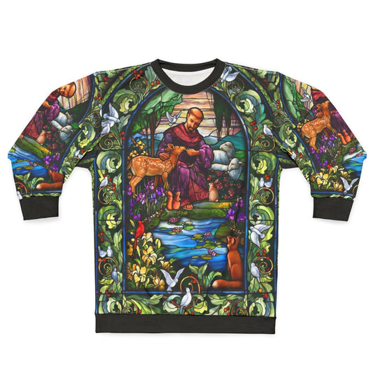 St Francis stained glass design on a green sweatshirt