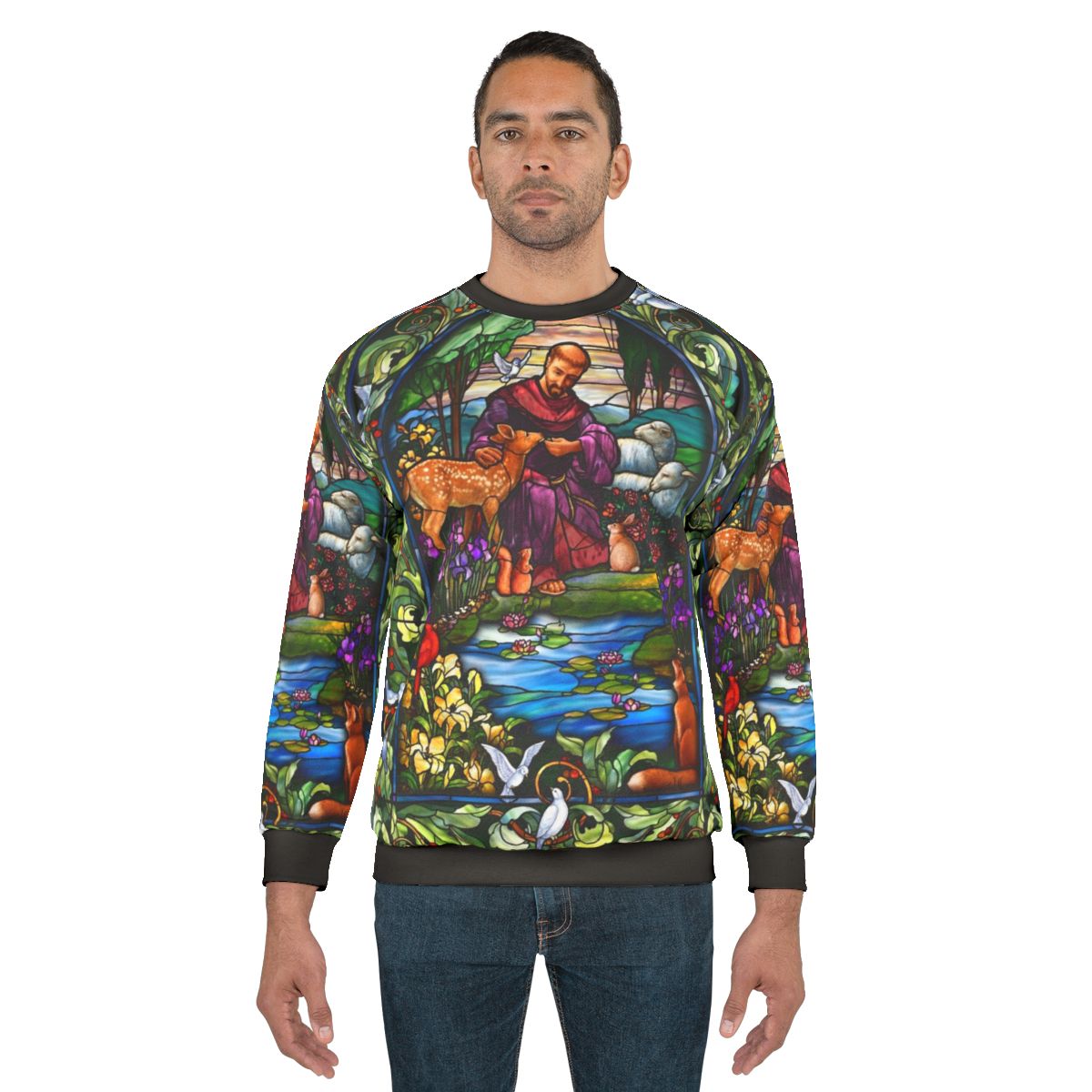 St Francis stained glass design on a green sweatshirt