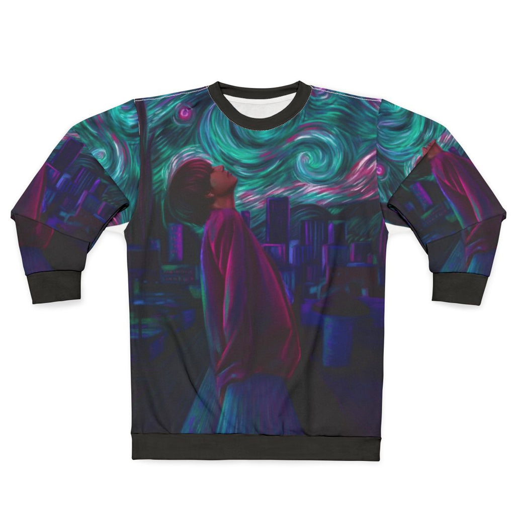 Starry Night Sweatshirt featuring a cityscape inspired by Van Gogh's painting