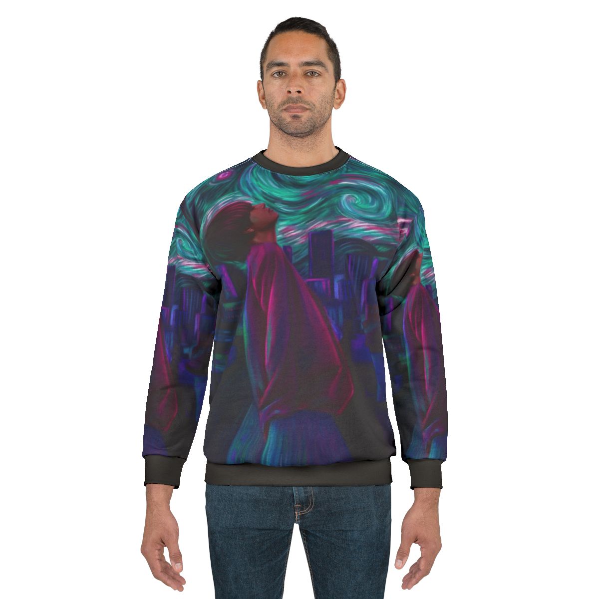 Starry Night Sweatshirt featuring a cityscape inspired by Van Gogh's painting