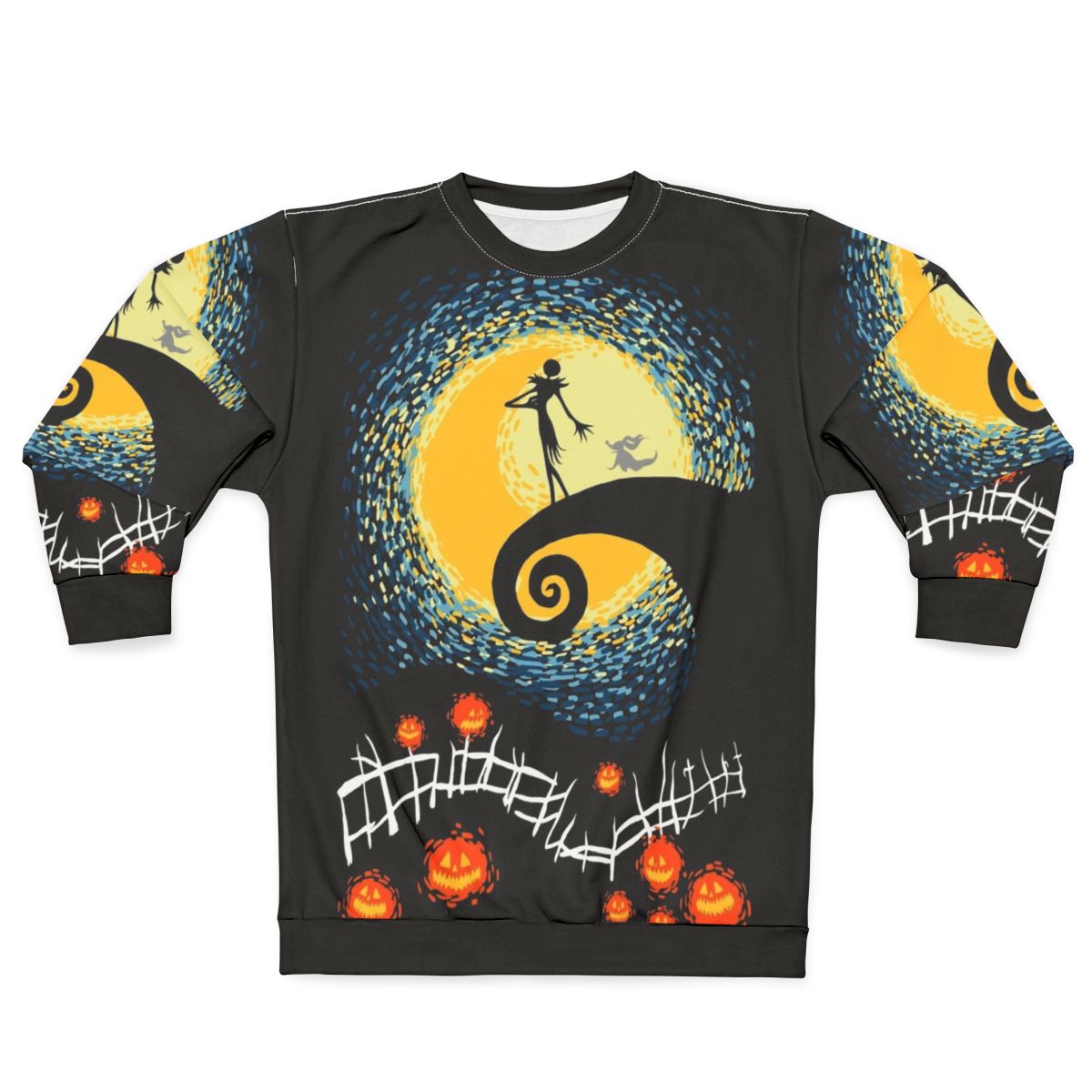 Starry Nightmare Sweatshirt - Artistic Halloween Clothing Featuring Jack Skellington and Starry Night Designs