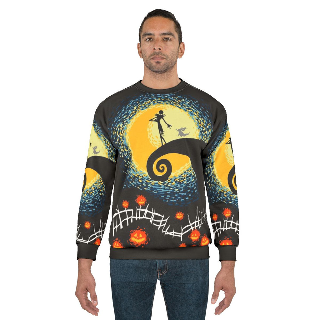Starry Nightmare Sweatshirt - Artistic Halloween Clothing Featuring Jack Skellington and Starry Night Designs