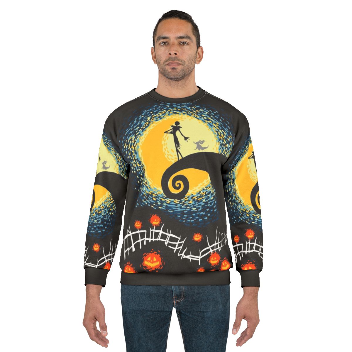 Starry Nightmare Sweatshirt - Artistic Halloween Clothing Featuring Jack Skellington and Starry Night Designs