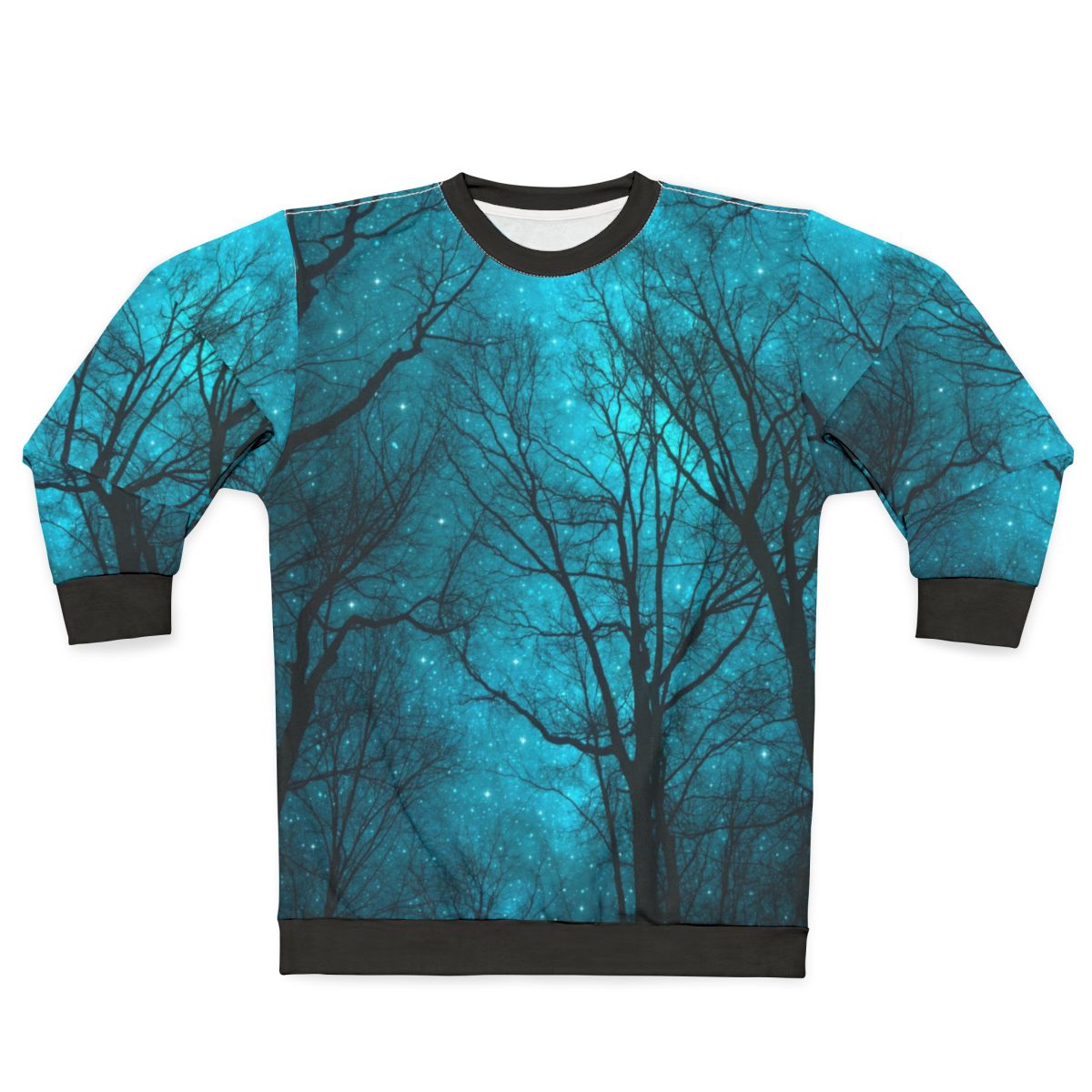 Starry night sky sweatshirt with galaxy and abstract tree silhouette design
