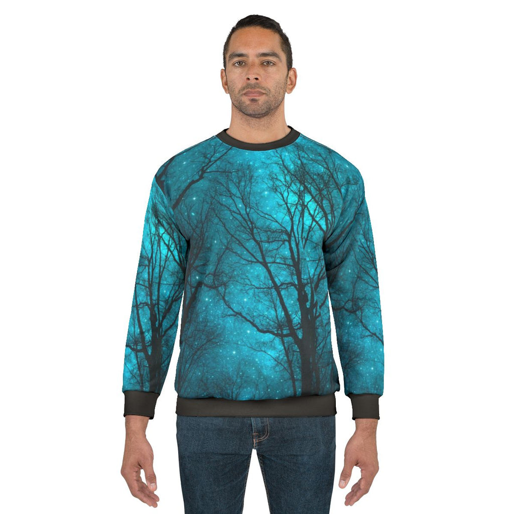 Starry night sky sweatshirt with galaxy and abstract tree silhouette design