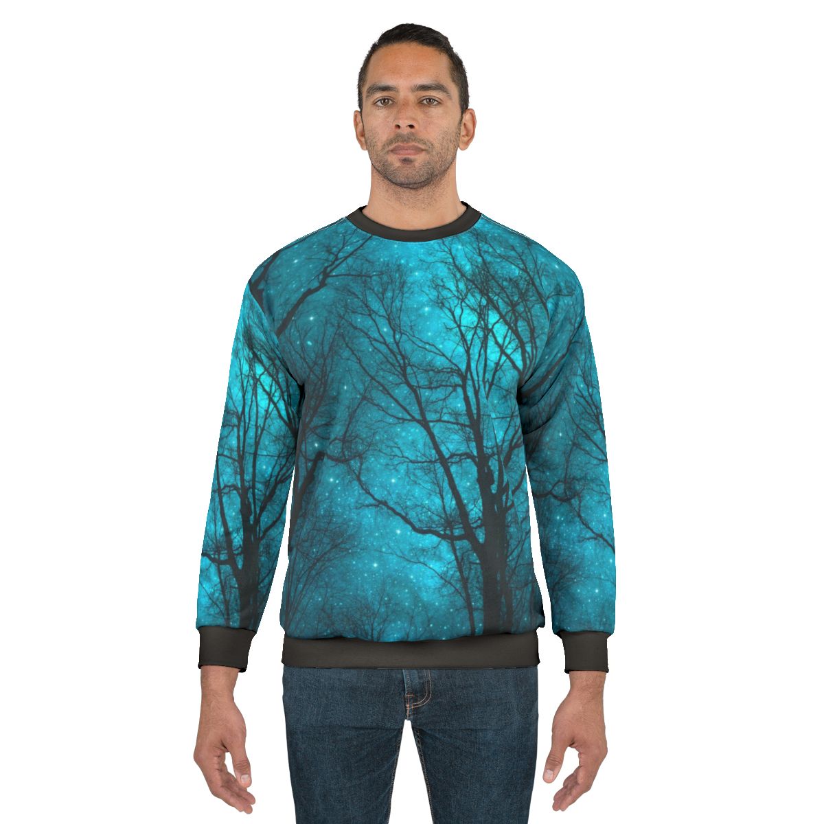 Starry night sky sweatshirt with galaxy and abstract tree silhouette design