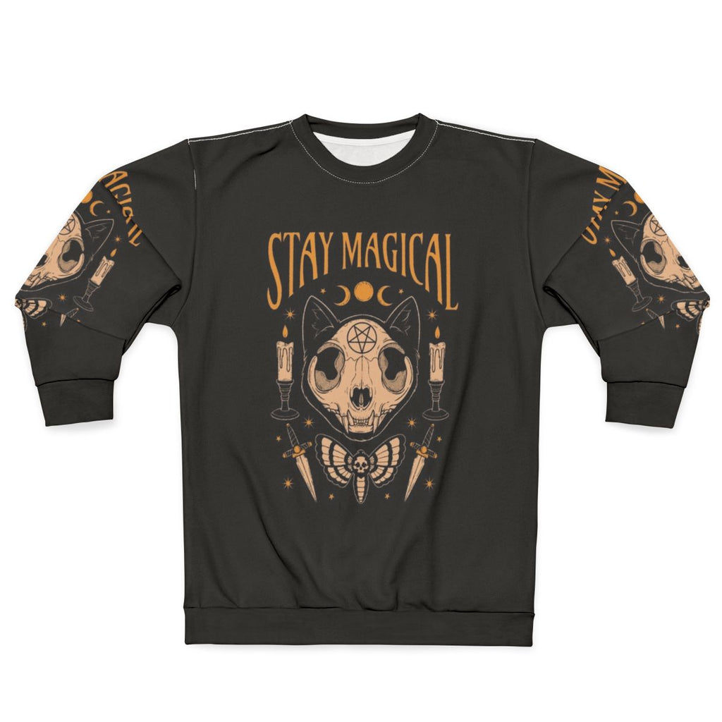 Stay Magical Occult Sweatshirt with Cat Skull, Skeleton, and Moon Imagery