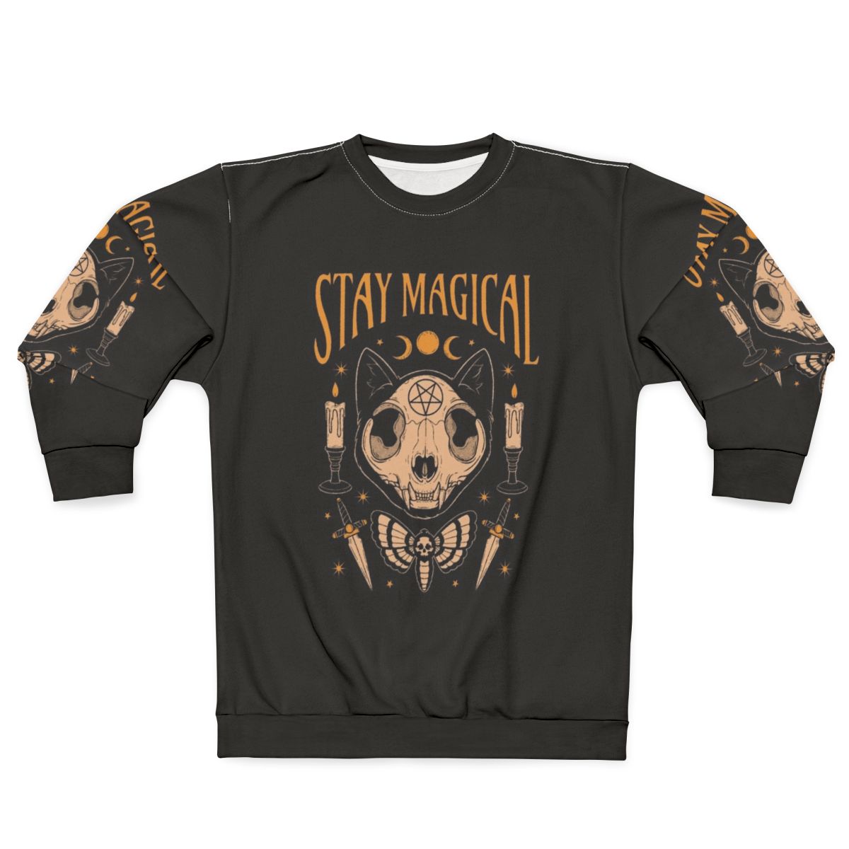 Stay Magical Occult Sweatshirt with Cat Skull, Skeleton, and Moon Imagery
