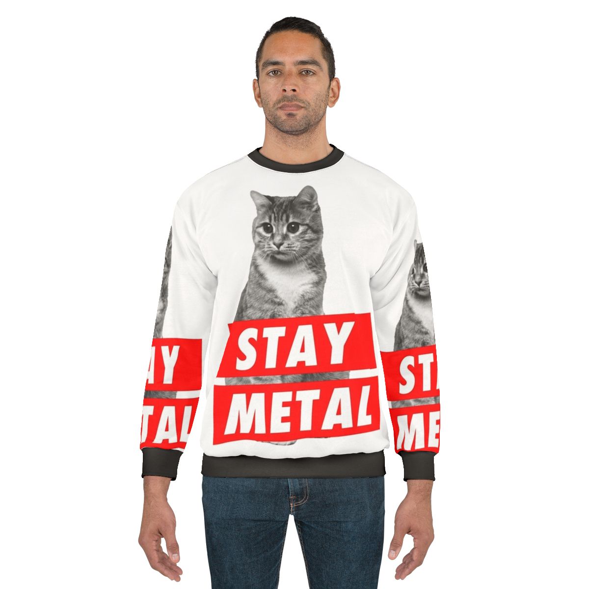 Stay Metal Heavy Metal Sweatshirt with Nicolas Cage Cat Meme Design