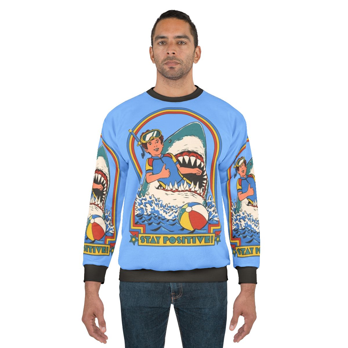 Retro 80s Stay Positive Shark Design Sweatshirt