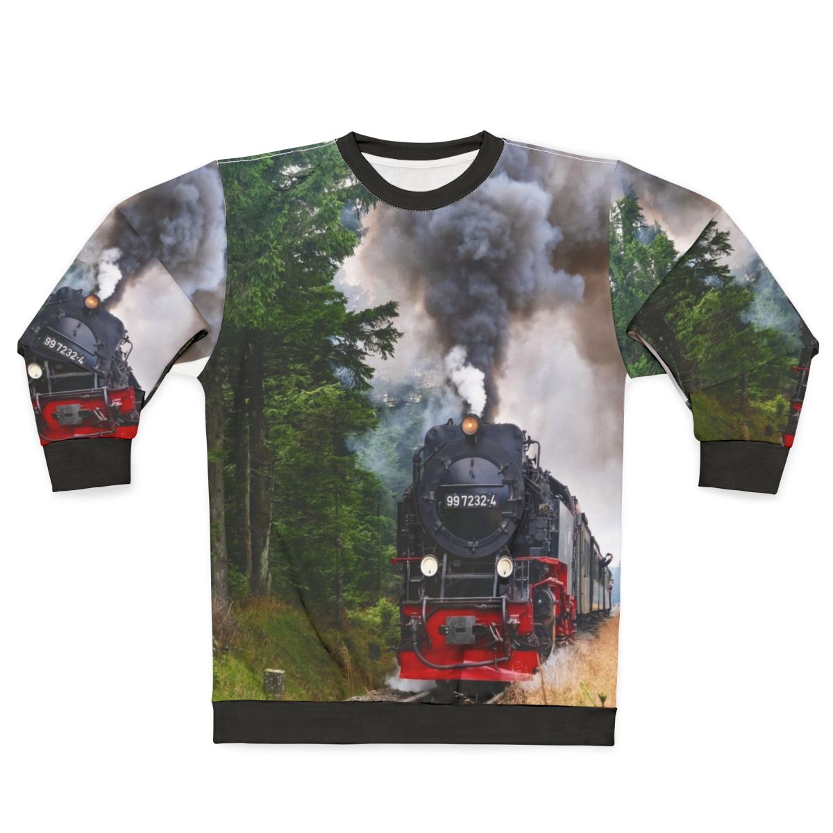 Vintage steam train graphic on a cozy sweatshirt for train lovers