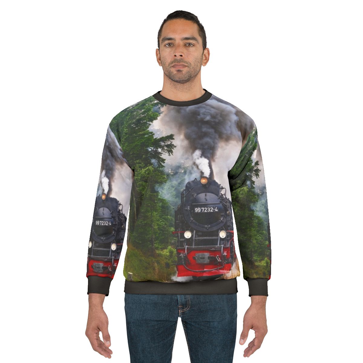 Vintage steam train graphic on a cozy sweatshirt for train lovers
