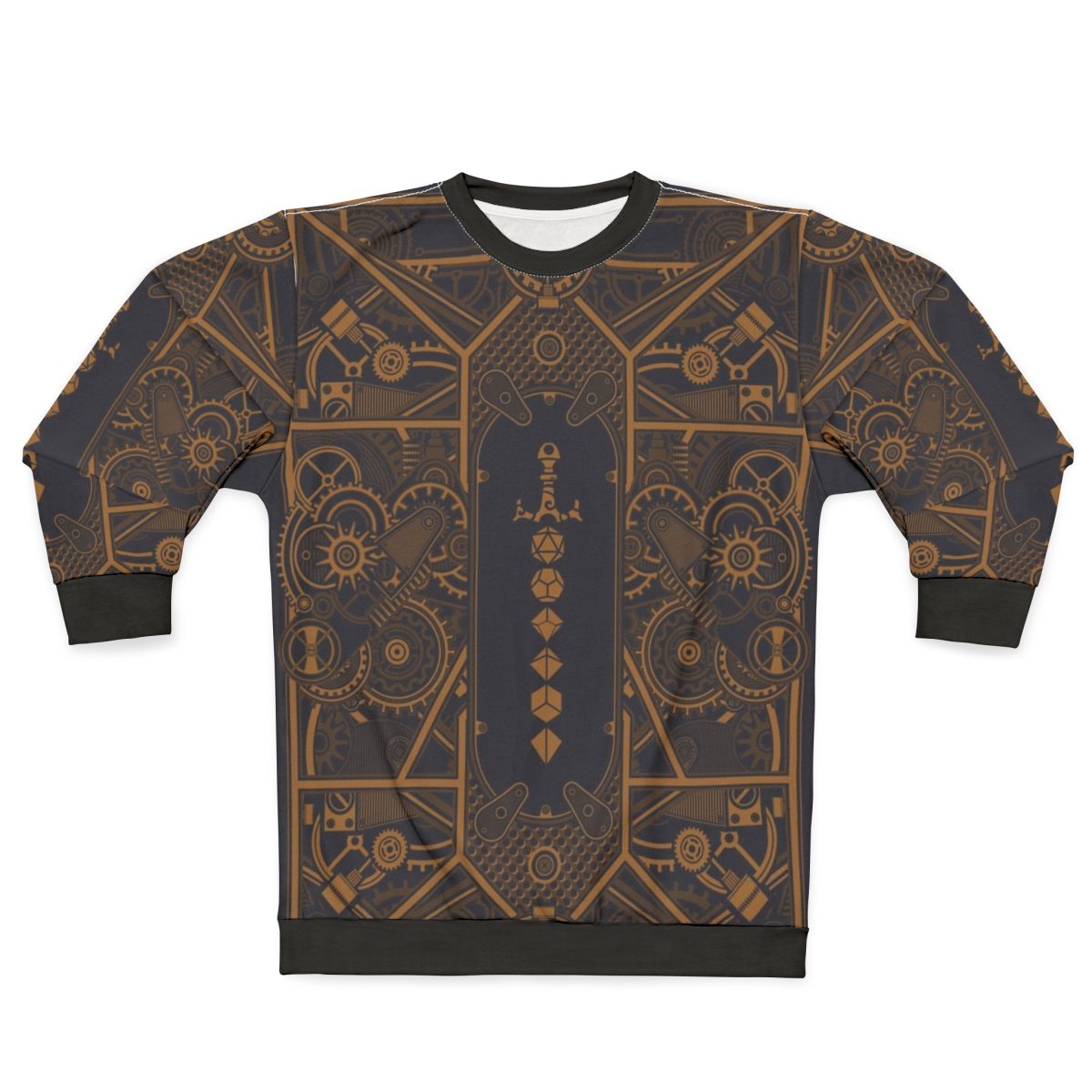 Steampunk polyhedral dice sweatshirt featuring dice and sword design