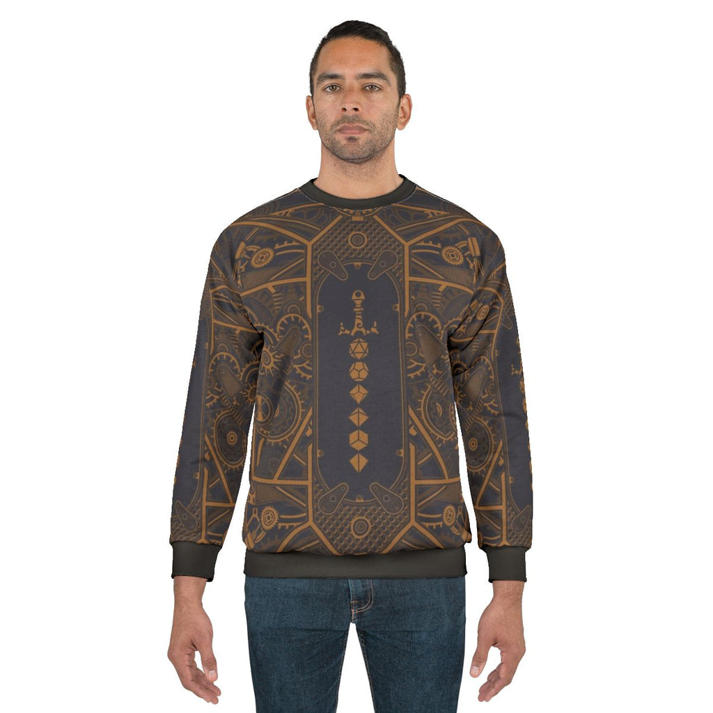 Steampunk polyhedral dice sweatshirt featuring dice and sword design