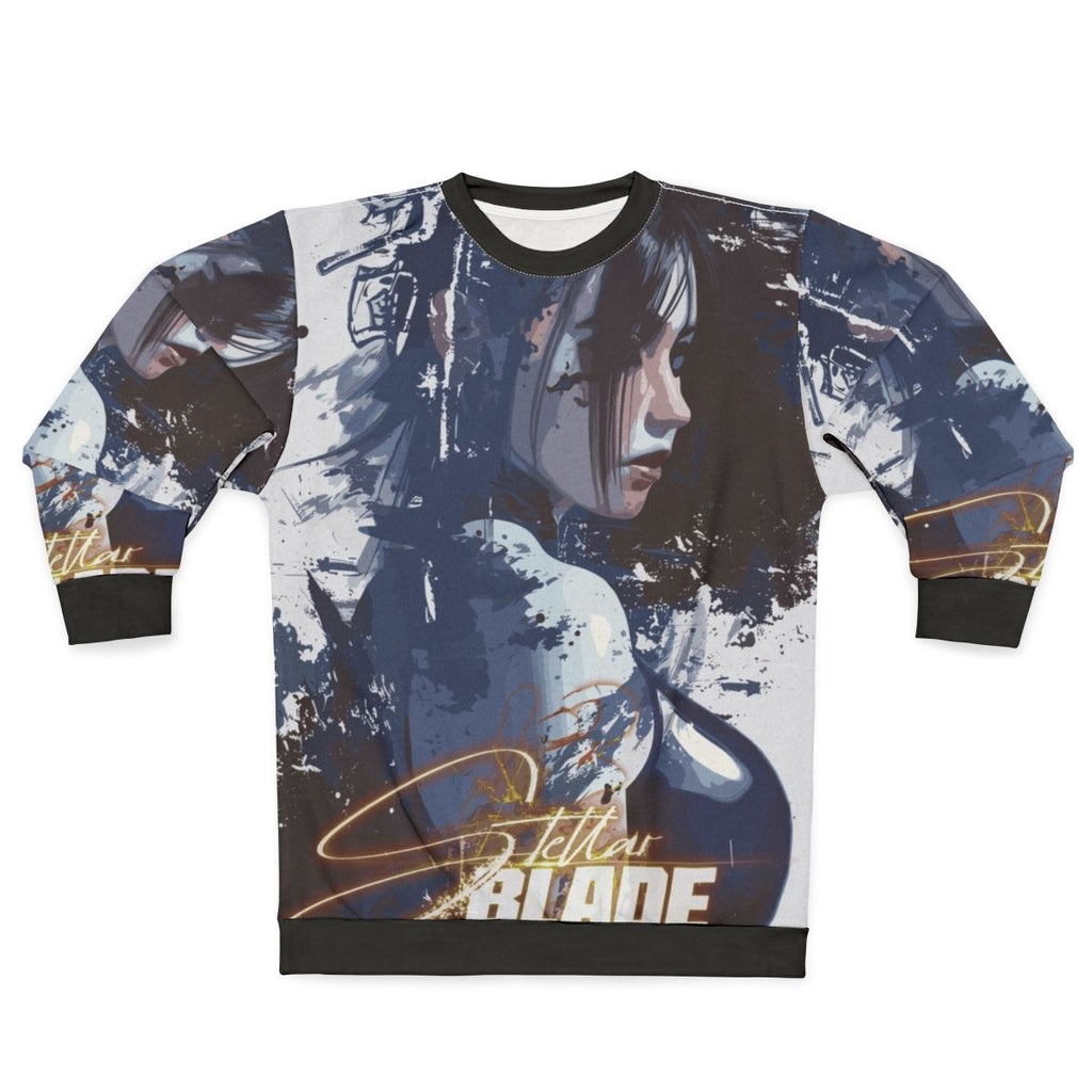 Stellar Blade character fanart on a grey sweatshirt