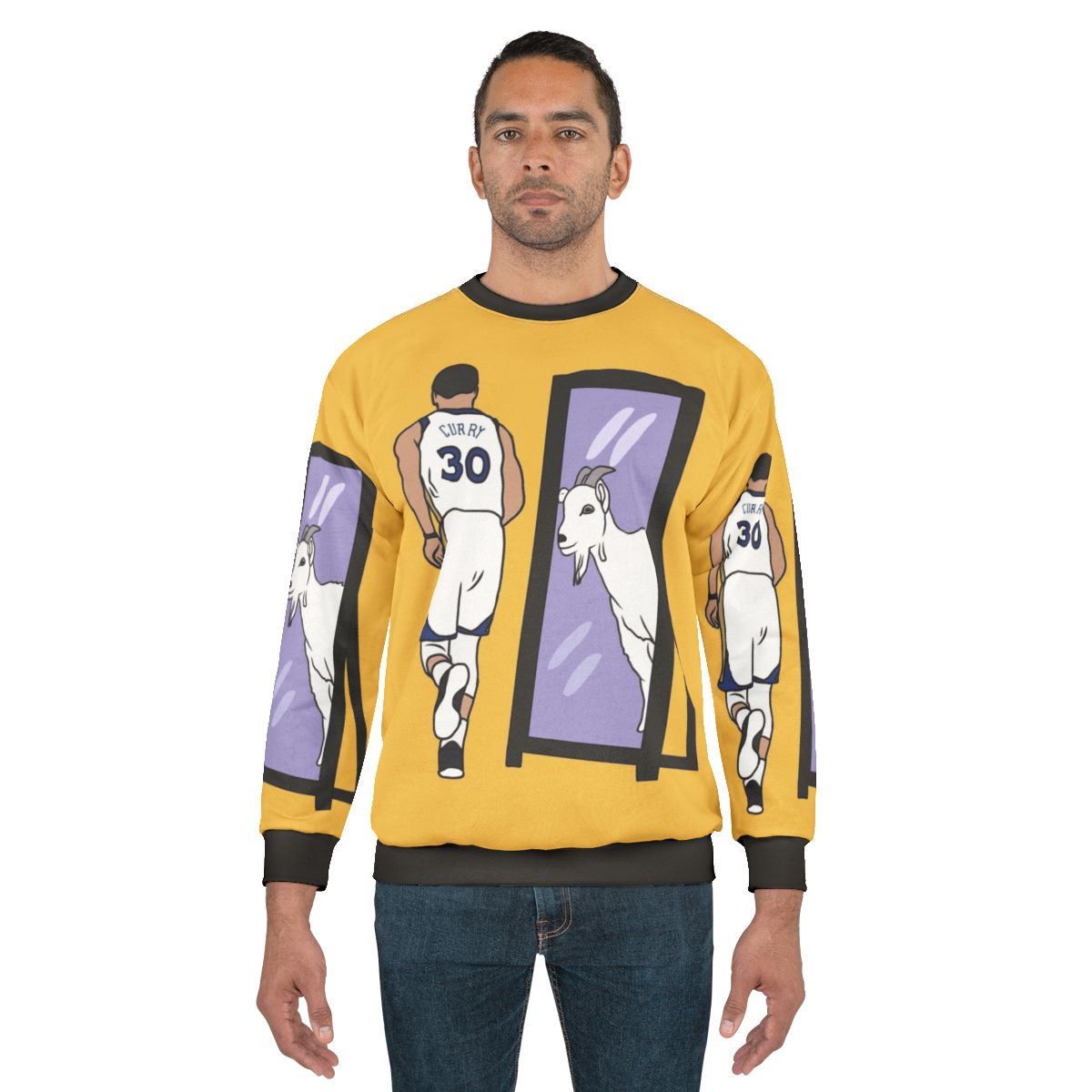 Steph Curry "GOAT" Sweatshirt featuring three-point shooting and Golden State Warriors graphics