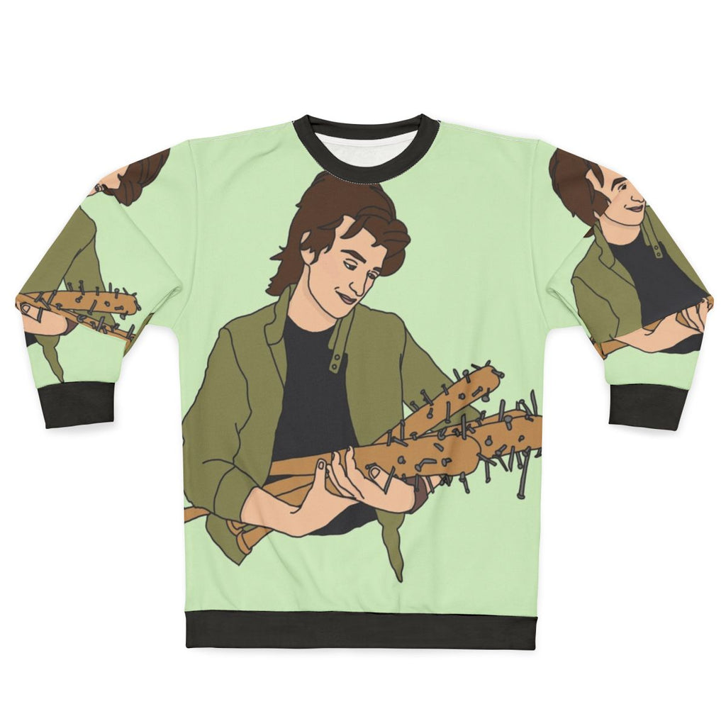Steve Harrington from Stranger Things on a navy blue sweatshirt