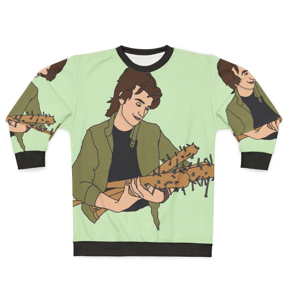 Steve Harrington from Stranger Things on a navy blue sweatshirt