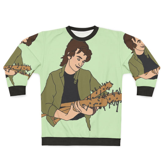 Steve Harrington from Stranger Things on a navy blue sweatshirt