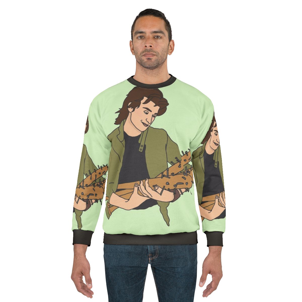 Steve Harrington from Stranger Things on a navy blue sweatshirt