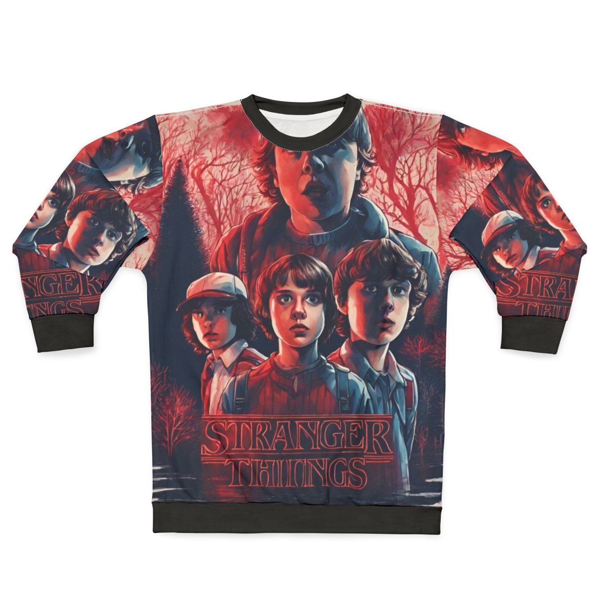 Stranger Things Sweatshirt with Characters and Upside Down Imagery