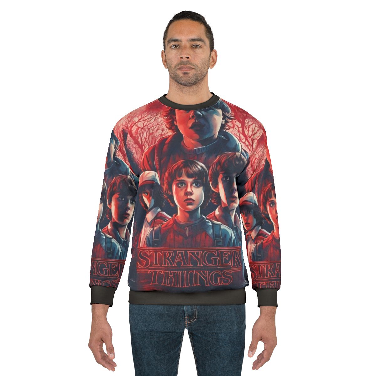 Stranger Things Sweatshirt with Characters and Upside Down Imagery