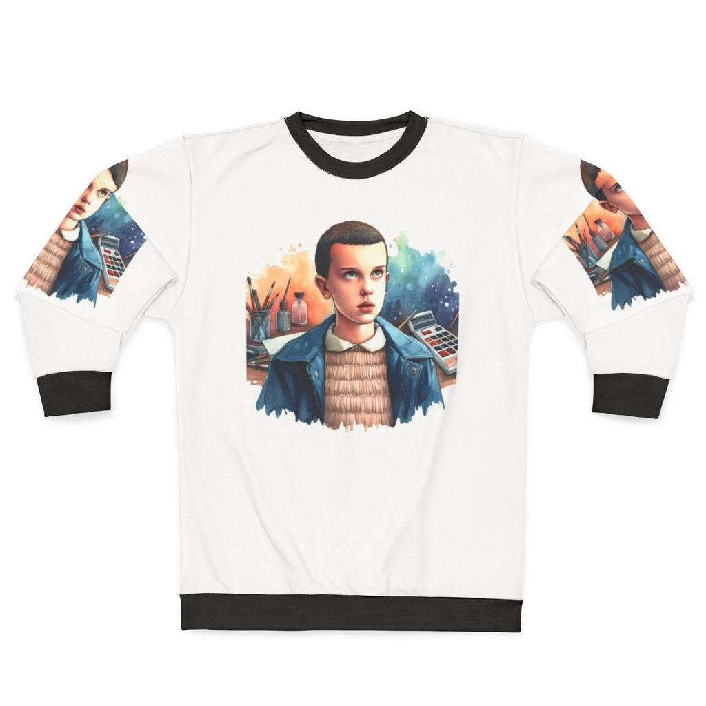 Eleven from Stranger Things wearing a cozy sweatshirt