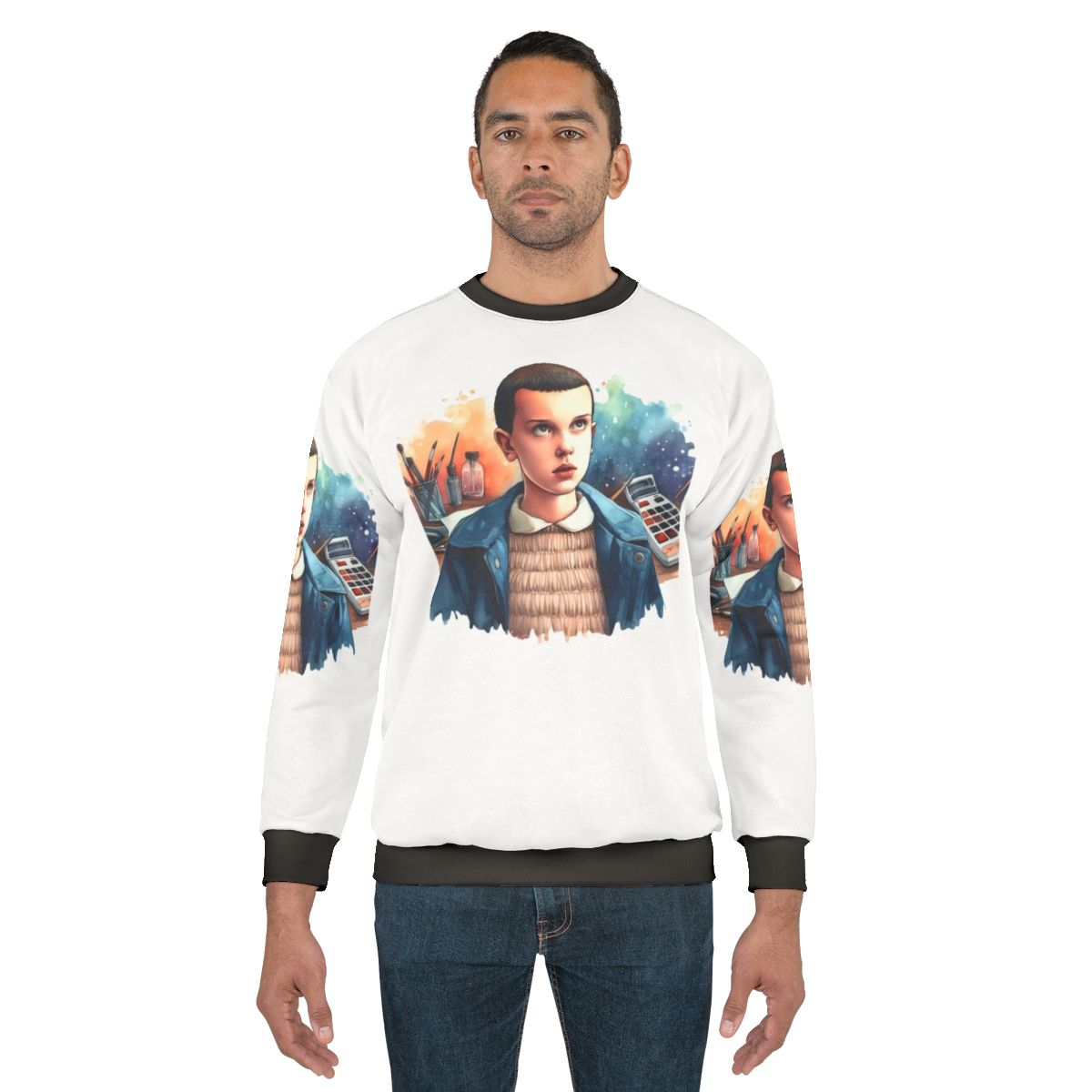 Eleven from Stranger Things wearing a cozy sweatshirt