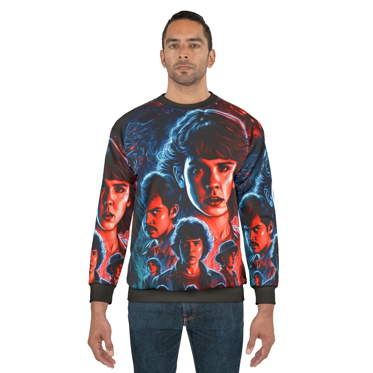 Anime-inspired Stranger Things sweatshirt with colorful Japanese-style design